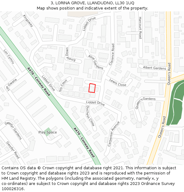 3, LORINA GROVE, LLANDUDNO, LL30 1UQ: Location map and indicative extent of plot