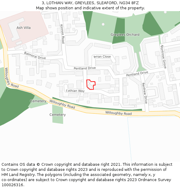 3, LOTHIAN WAY, GREYLEES, SLEAFORD, NG34 8FZ: Location map and indicative extent of plot