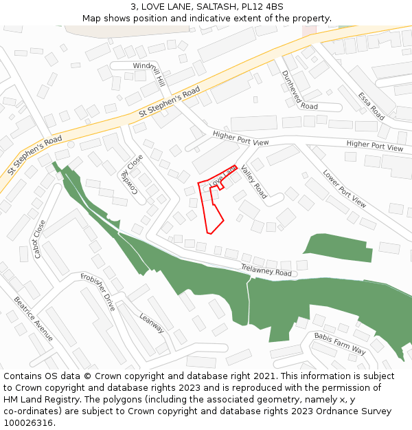 3, LOVE LANE, SALTASH, PL12 4BS: Location map and indicative extent of plot