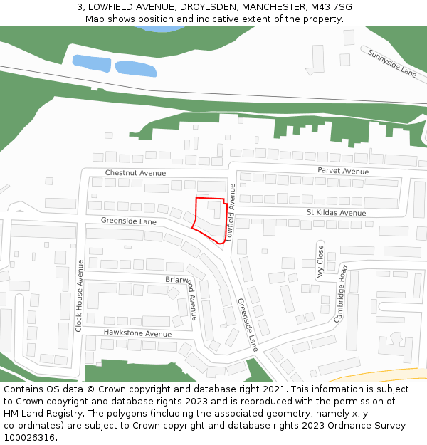 3, LOWFIELD AVENUE, DROYLSDEN, MANCHESTER, M43 7SG: Location map and indicative extent of plot