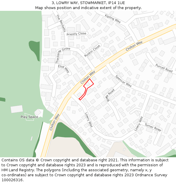 3, LOWRY WAY, STOWMARKET, IP14 1UE: Location map and indicative extent of plot