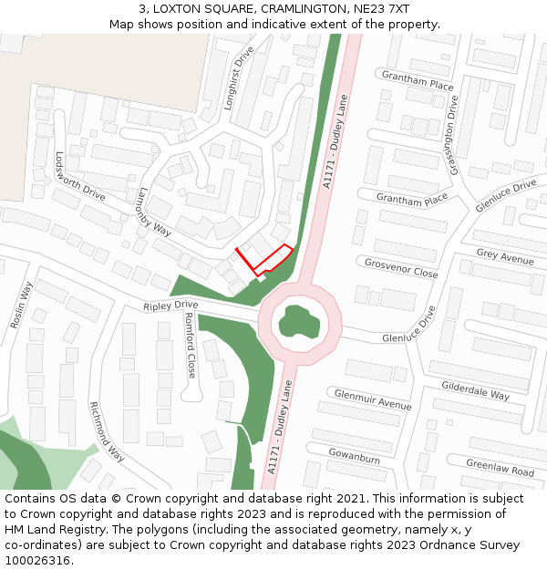 3, LOXTON SQUARE, CRAMLINGTON, NE23 7XT: Location map and indicative extent of plot