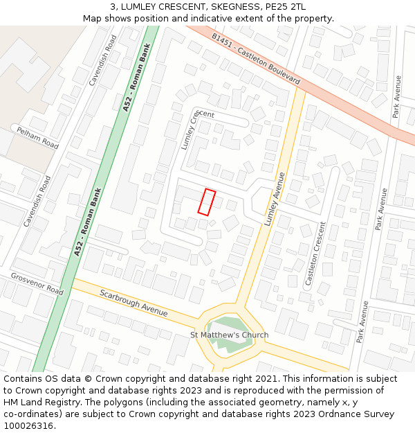3, LUMLEY CRESCENT, SKEGNESS, PE25 2TL: Location map and indicative extent of plot