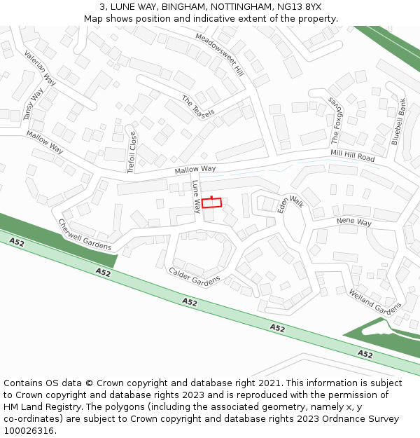 3, LUNE WAY, BINGHAM, NOTTINGHAM, NG13 8YX: Location map and indicative extent of plot