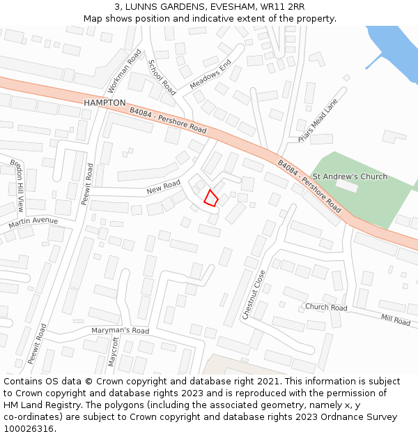 3, LUNNS GARDENS, EVESHAM, WR11 2RR: Location map and indicative extent of plot