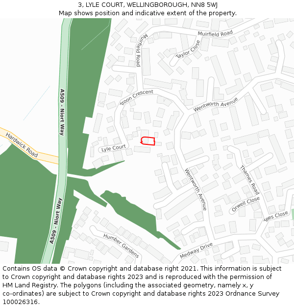 3, LYLE COURT, WELLINGBOROUGH, NN8 5WJ: Location map and indicative extent of plot