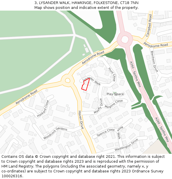 3, LYSANDER WALK, HAWKINGE, FOLKESTONE, CT18 7NN: Location map and indicative extent of plot