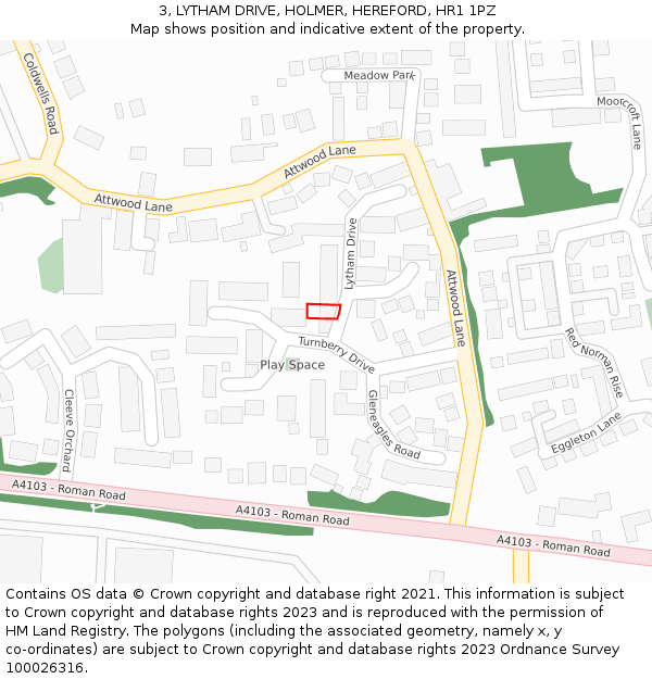 3, LYTHAM DRIVE, HOLMER, HEREFORD, HR1 1PZ: Location map and indicative extent of plot