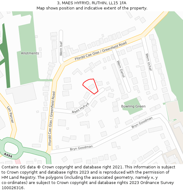3, MAES HYFRYD, RUTHIN, LL15 1FA: Location map and indicative extent of plot