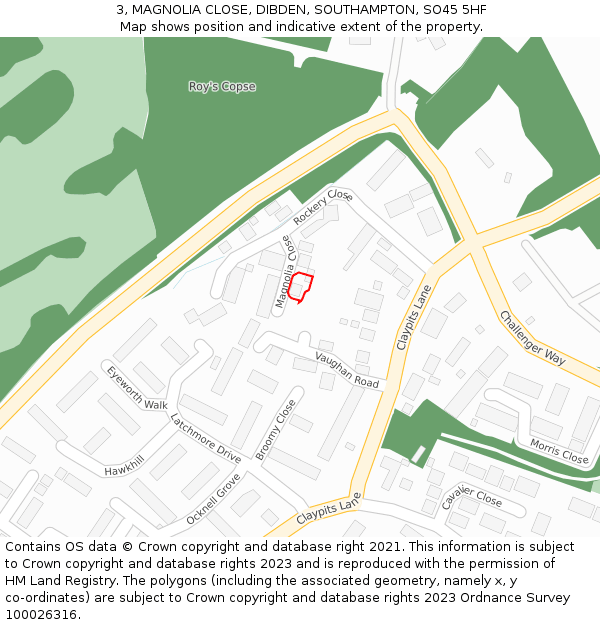 3, MAGNOLIA CLOSE, DIBDEN, SOUTHAMPTON, SO45 5HF: Location map and indicative extent of plot