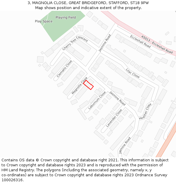 3, MAGNOLIA CLOSE, GREAT BRIDGEFORD, STAFFORD, ST18 9PW: Location map and indicative extent of plot