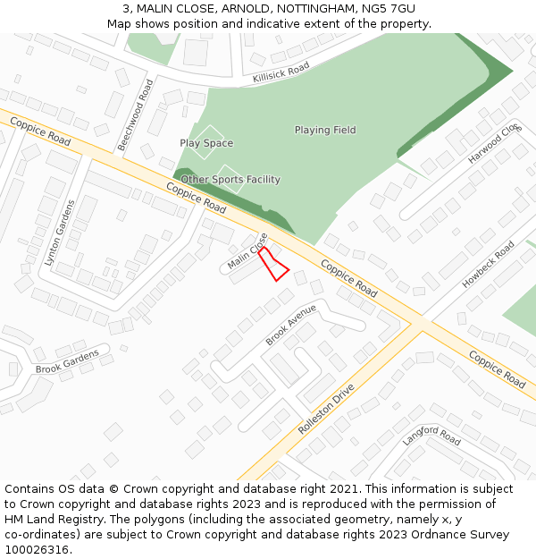 3, MALIN CLOSE, ARNOLD, NOTTINGHAM, NG5 7GU: Location map and indicative extent of plot