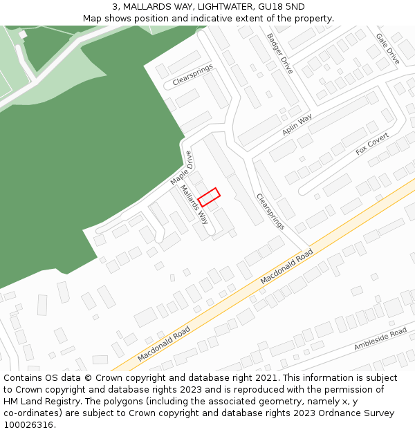 3, MALLARDS WAY, LIGHTWATER, GU18 5ND: Location map and indicative extent of plot