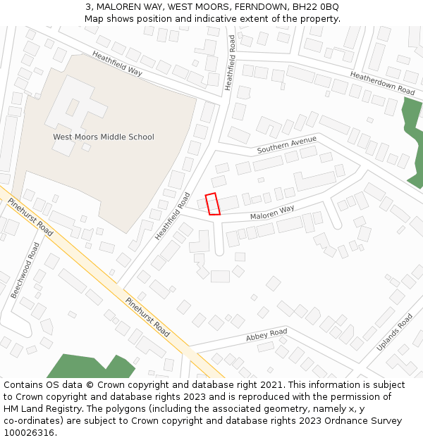 3, MALOREN WAY, WEST MOORS, FERNDOWN, BH22 0BQ: Location map and indicative extent of plot
