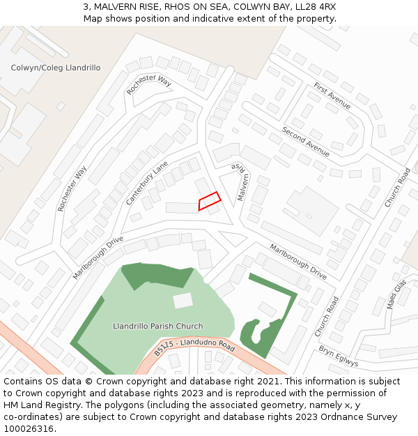 3, MALVERN RISE, RHOS ON SEA, COLWYN BAY, LL28 4RX: Location map and indicative extent of plot