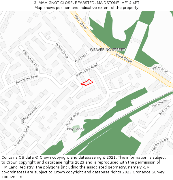 3, MAMIGNOT CLOSE, BEARSTED, MAIDSTONE, ME14 4PT: Location map and indicative extent of plot