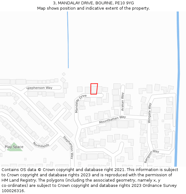 3, MANDALAY DRIVE, BOURNE, PE10 9YG: Location map and indicative extent of plot