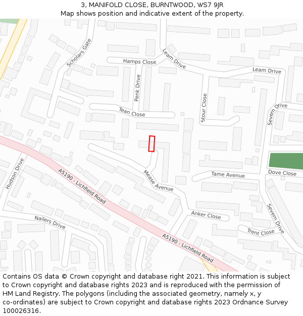 3, MANIFOLD CLOSE, BURNTWOOD, WS7 9JR: Location map and indicative extent of plot