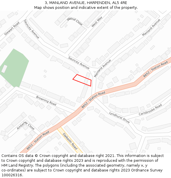 3, MANLAND AVENUE, HARPENDEN, AL5 4RE: Location map and indicative extent of plot