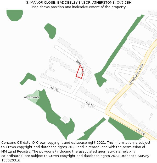 3, MANOR CLOSE, BADDESLEY ENSOR, ATHERSTONE, CV9 2BH: Location map and indicative extent of plot