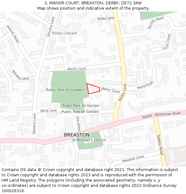 3, MANOR COURT, BREASTON, DERBY, DE72 3AW: Location map and indicative extent of plot