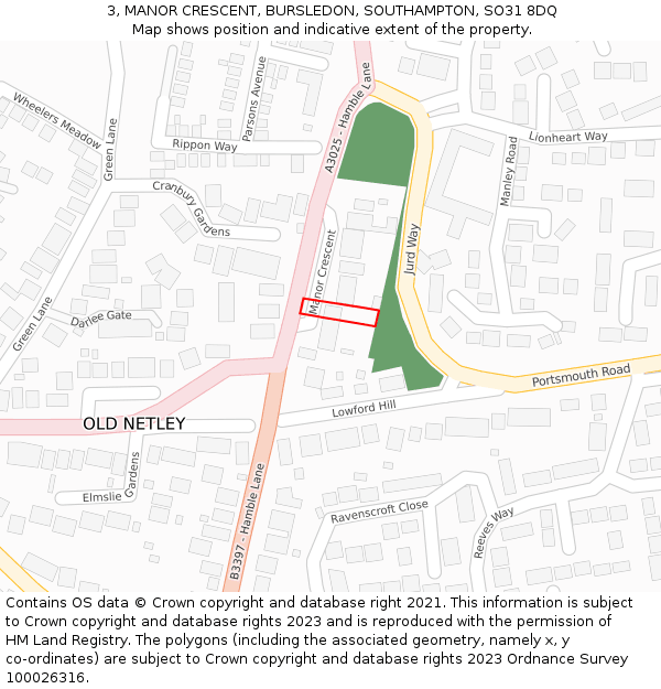 3, MANOR CRESCENT, BURSLEDON, SOUTHAMPTON, SO31 8DQ: Location map and indicative extent of plot