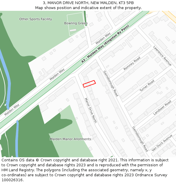 3, MANOR DRIVE NORTH, NEW MALDEN, KT3 5PB: Location map and indicative extent of plot