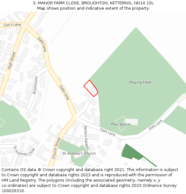 3, MANOR FARM CLOSE, BROUGHTON, KETTERING, NN14 1SL: Location map and indicative extent of plot