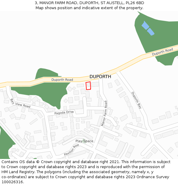 3, MANOR FARM ROAD, DUPORTH, ST AUSTELL, PL26 6BD: Location map and indicative extent of plot