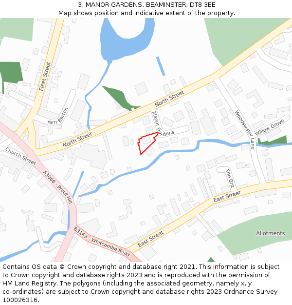 3, MANOR GARDENS, BEAMINSTER, DT8 3EE: Location map and indicative extent of plot