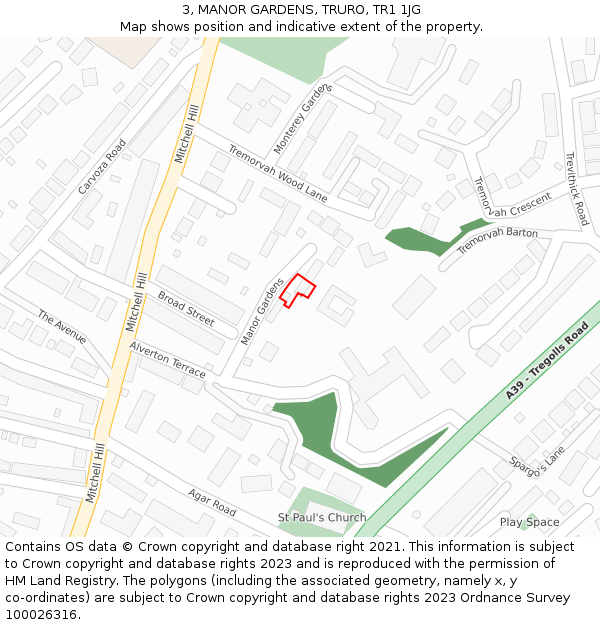 3, MANOR GARDENS, TRURO, TR1 1JG: Location map and indicative extent of plot
