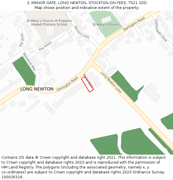 3, MANOR GATE, LONG NEWTON, STOCKTON-ON-TEES, TS21 1DD: Location map and indicative extent of plot