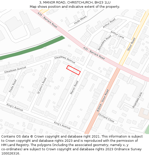 3, MANOR ROAD, CHRISTCHURCH, BH23 1LU: Location map and indicative extent of plot