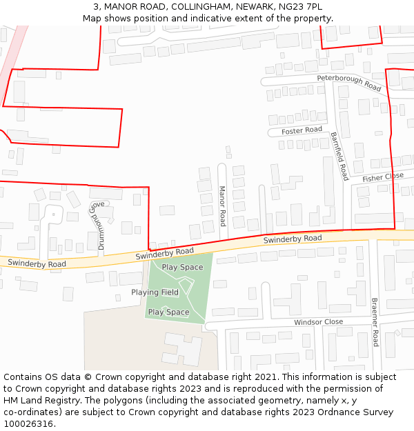 3, MANOR ROAD, COLLINGHAM, NEWARK, NG23 7PL: Location map and indicative extent of plot