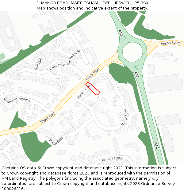 3, MANOR ROAD, MARTLESHAM HEATH, IPSWICH, IP5 3SX: Location map and indicative extent of plot