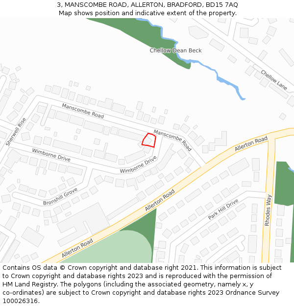 3, MANSCOMBE ROAD, ALLERTON, BRADFORD, BD15 7AQ: Location map and indicative extent of plot
