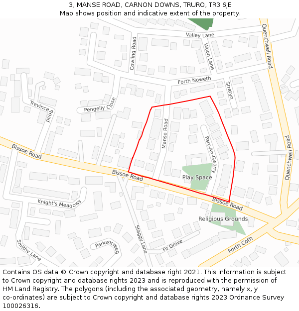 3, MANSE ROAD, CARNON DOWNS, TRURO, TR3 6JE: Location map and indicative extent of plot