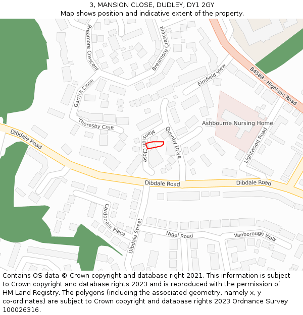 3, MANSION CLOSE, DUDLEY, DY1 2GY: Location map and indicative extent of plot