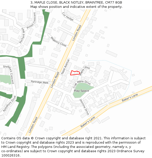 3, MAPLE CLOSE, BLACK NOTLEY, BRAINTREE, CM77 8GB: Location map and indicative extent of plot
