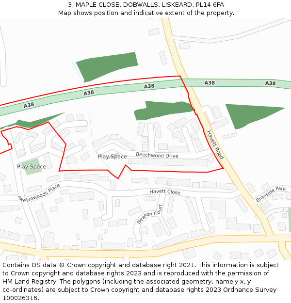 3, MAPLE CLOSE, DOBWALLS, LISKEARD, PL14 6FA: Location map and indicative extent of plot