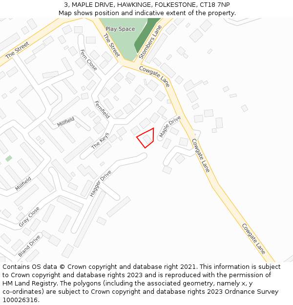 3, MAPLE DRIVE, HAWKINGE, FOLKESTONE, CT18 7NP: Location map and indicative extent of plot