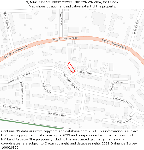 3, MAPLE DRIVE, KIRBY CROSS, FRINTON-ON-SEA, CO13 0QY: Location map and indicative extent of plot