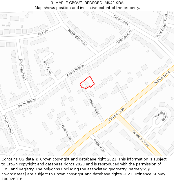 3, MAPLE GROVE, BEDFORD, MK41 9BA: Location map and indicative extent of plot