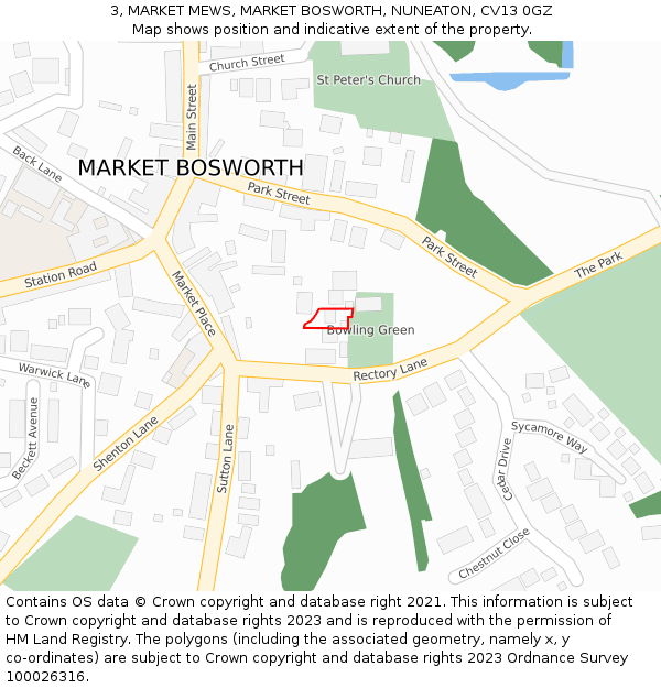 3, MARKET MEWS, MARKET BOSWORTH, NUNEATON, CV13 0GZ: Location map and indicative extent of plot