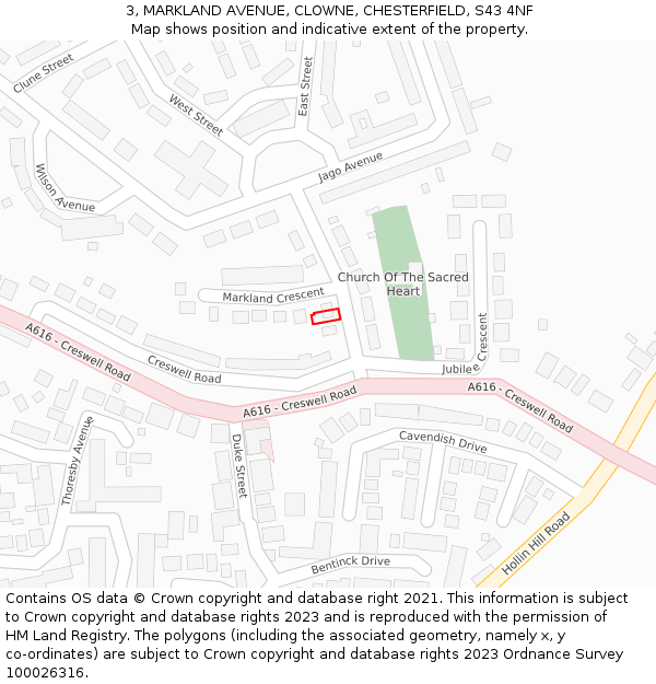 3, MARKLAND AVENUE, CLOWNE, CHESTERFIELD, S43 4NF: Location map and indicative extent of plot