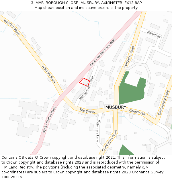 3, MARLBOROUGH CLOSE, MUSBURY, AXMINSTER, EX13 8AP: Location map and indicative extent of plot