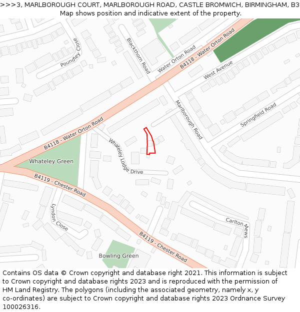 3, MARLBOROUGH COURT, MARLBOROUGH ROAD, CASTLE BROMWICH, BIRMINGHAM, B36 0EH: Location map and indicative extent of plot