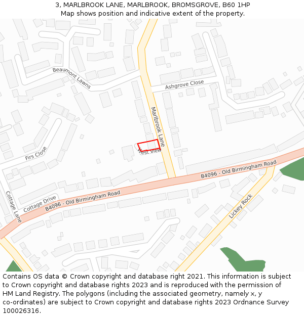 3, MARLBROOK LANE, MARLBROOK, BROMSGROVE, B60 1HP: Location map and indicative extent of plot