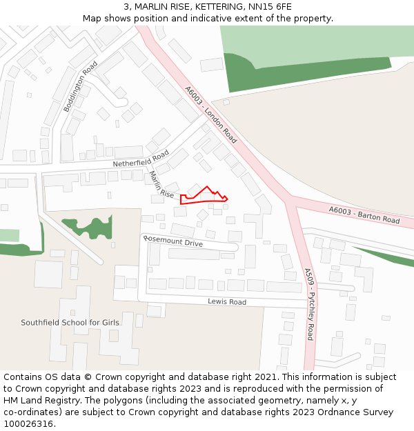 3, MARLIN RISE, KETTERING, NN15 6FE: Location map and indicative extent of plot