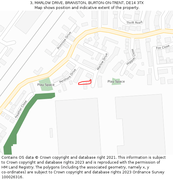 3, MARLOW DRIVE, BRANSTON, BURTON-ON-TRENT, DE14 3TX: Location map and indicative extent of plot